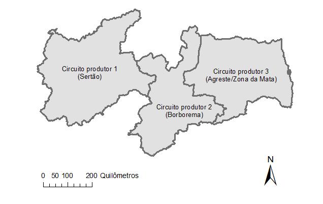 26 4 RESULTADOS E DISCUSSÃO A divisão do Estado da Paraíba em três circuitos produtores é mostrada na Fig.1. Na Tab.