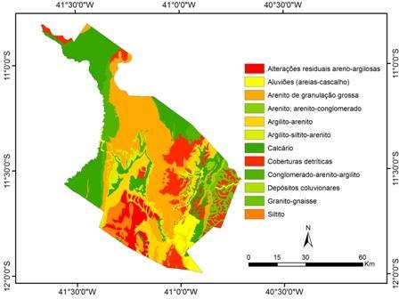 Figura 03: Mapa de solos e a correspondente ponderação dos pesos para o fenômeno erosão dos solos De forma geral, a litologia da área de estudo favorece a erosão da área, tendo em vista que boa parte