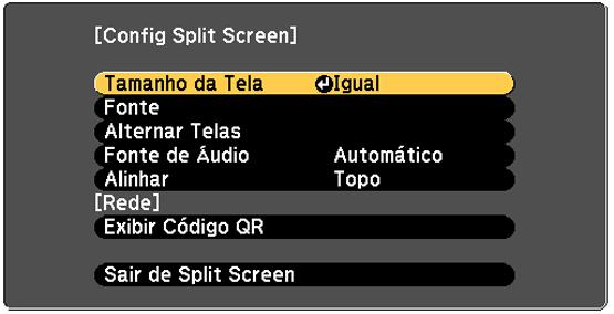 1. Pressione o botão Split do controle remoto. A fonte de entrada selecionada no momento move-se para o lado esquerdo da tela. 2. Pressione o botão Menu. Você verá a seguinte tela: 3.