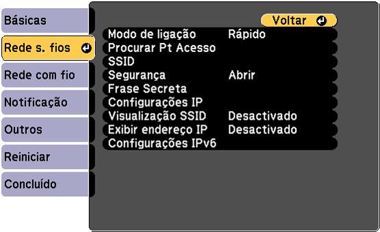 Seleção das configurações de rede sem fio em um Mac Antes de conectar o projetor, selecione a rede sem fio correta no seu Mac. 1. Clique no ícone do AirPort na barra de menu no alto da tela. 2.