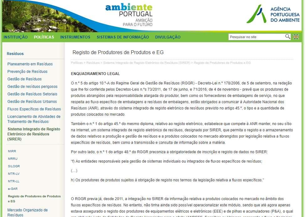 Recursos Registo de Produtores do Produto/Embaladores: http://www.apambiente.pt/inde x.php?