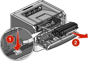 Manutenção da impressora 106 2 Pressione o botão na base do kit fotocondutor e em seguida puxe o cartucho de