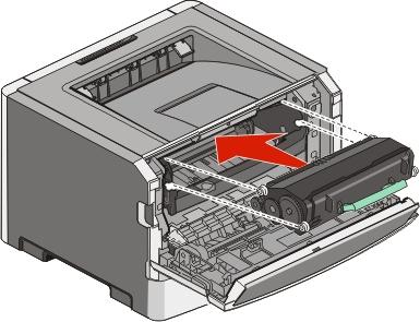 Manutenção da impressora 107 5 Instale o novo cartucho de toner alinhando os rolos brancos no cartucho de toner com as setas nos trilhos do kit fotocondutor.