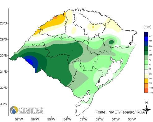 Precipitação ocorrida no mês de outubro (a) e desvio da normal climática (b); ocorrida no mês de novembro (c) e desvio (d).