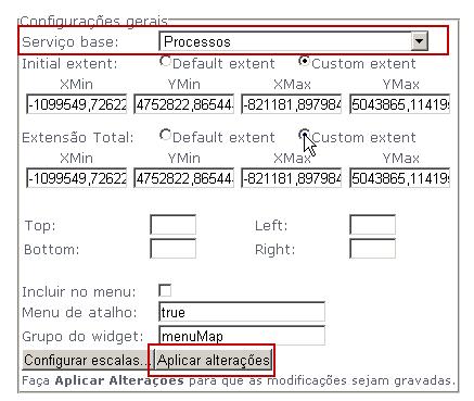 8. Para alterar os extents ou gerir as escalas de visualização de um serviço, basta seleccionar o serviço pretendido da lista pendente, fazer as alterações necessárias e gravar as alterações; 9.