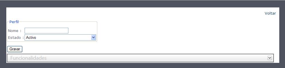 2.4.4 Perfis 2.4.4.1 Inserir Esta funcionalidade permite inserir um perfil no sistema. 1. Clicar sobre o separador Permissões e seleccionar Perfis; 2. Clicar sobre Novo Perfil; 3.