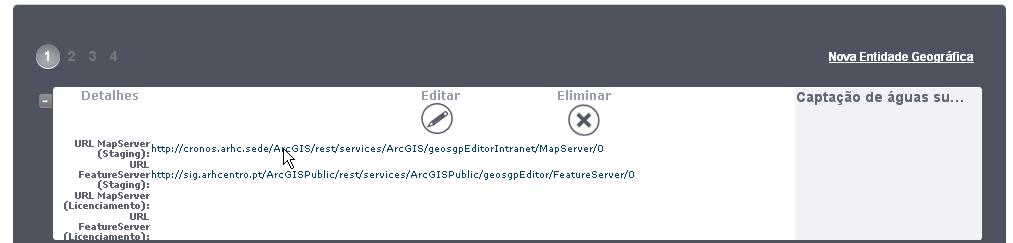 1. Clicar sobre o separador Entidades e seleccionar Listar Entidades geográficas; 2. Verificar que a lista de entidades geográficas é apresentada. 3.