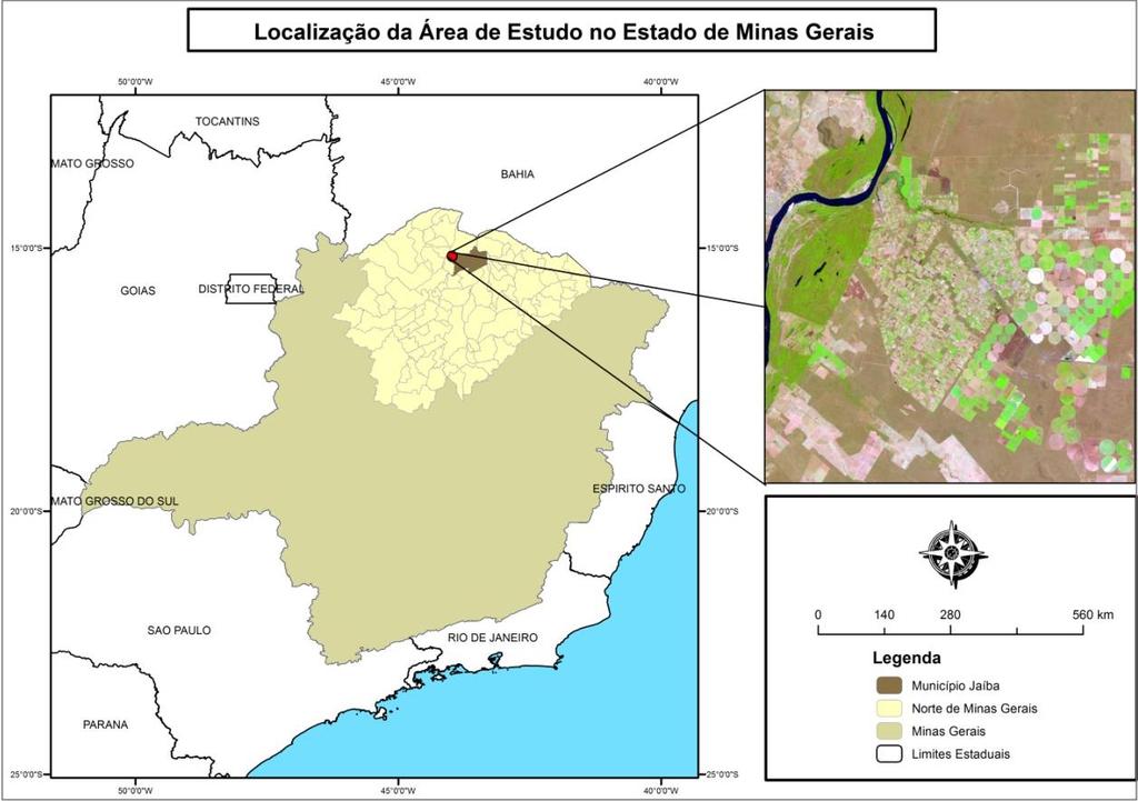 Figura 1 -Localização da área de estudo no município de Jaíba (MG). O perímetro irrigado do Jaíba é um dos mais importantes da região, com uma área total irrigada de cerca de 57 mil ha, sendo 26.