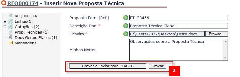 27 - Inserir Nova Proposta Técnica Global - Inserir Documento 3. Escolher a opção Gravar e Enviar para a Efacec ou Gravar Fig.