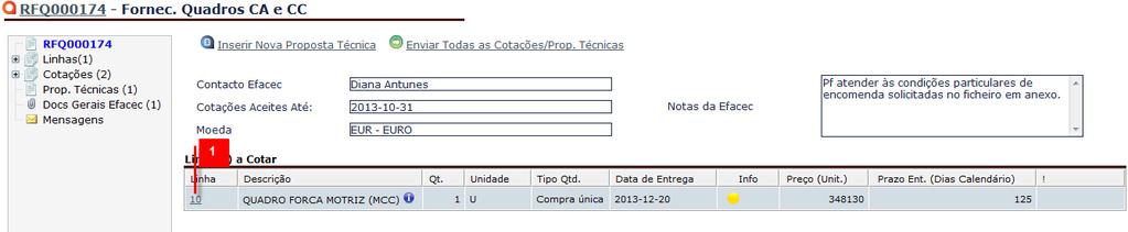 8.2.2 - Situação 2 Inserir Proposta Técnica especifica para um artigo do Pedido de Cotação Para inserir uma proposta técnica específica para um determinado artigo do Pedido de Cotação deverá efectuar