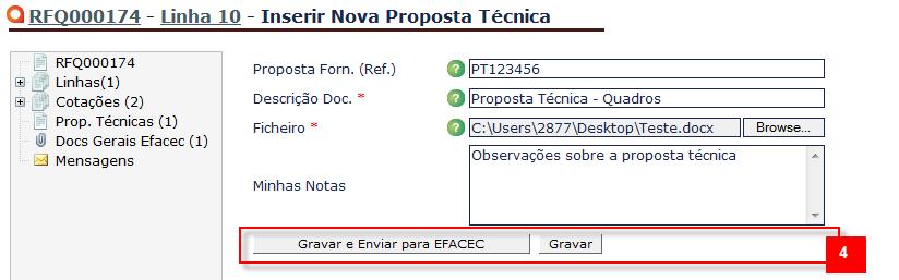 4. Escolher a opção Gravar e Enviar para a Efacec ou Gravar 8.2.3 - Associar Documentos à Proposta Técnica Fig.