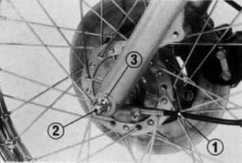 Remoção da Roda Dianteira: 125 ML 1. Levante a roda dianteira do solo, colocando um suporte embaixo do motor. 2. Remova o cabo do velocímetro (1), retirando o parafuso de fixação. 3.