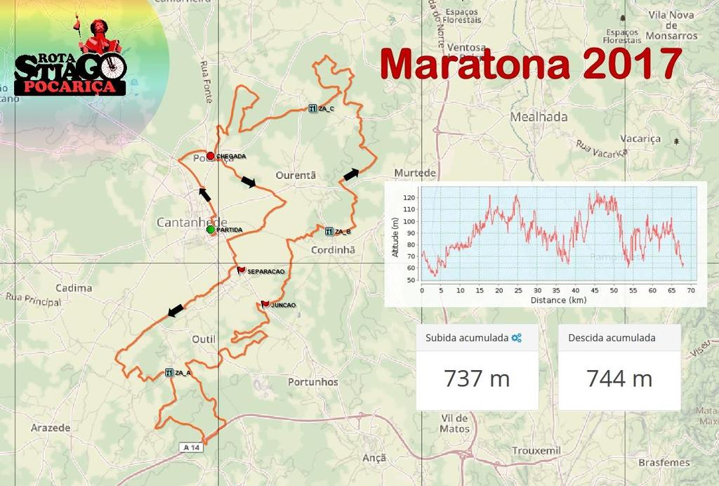 Percursos O 7º BTT Rota de S. Tiago terá aproximadamente 70Km e 45Km em que nos primeiros e últimos kms do percurso serão comuns às duas distâncias.