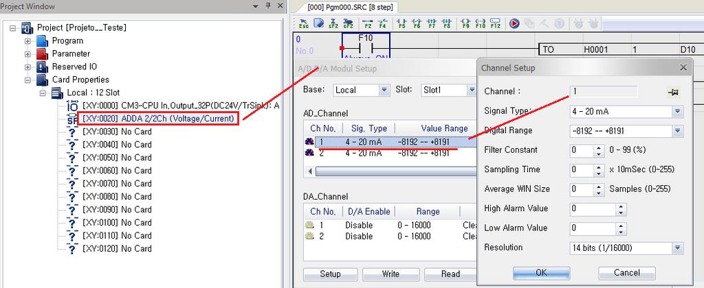 3.1 Configuração do Canal Analógico Ao clicar no módulo que se apresenta no barramento [XY:0020] AD_DA 2/2ch (Voltage/Current) é aberto uma janela de configuração de AD/DA Module Setup (Ver imagem).