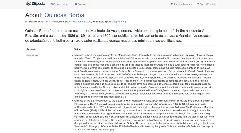 51 Figura 30 - Página do livro Quincas Borba do escritor Machado de Assis no DBpedia. Fonte: Elaboração própria (2018).