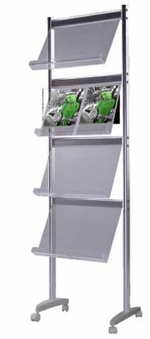 Brochure Stand DIFEGA Cañamo Prospektständer aus Aluminium mit 4 Ablageflächen aus Kunststoff. Kapazität für 2x A4 pro Ablagefläche. Größe: 620x90x1770mm. Single side brochure stand.