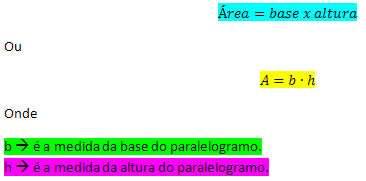 Exercícios de Fixação 1. Calcule a área de um paralelogramo cuja base mede 15 cm e a altura 12 cm. Solução: De acordo com o enunciado do problema, sabemos que b = 15 cm e h = 12 cm.