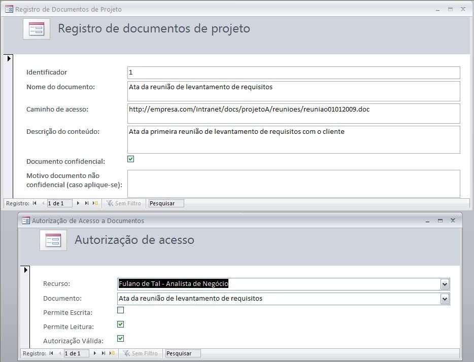 Figura 15. Registro de documentos e autorização de usuário Todo documento deve ser registrado informando-se o nome, caminho e descrição.