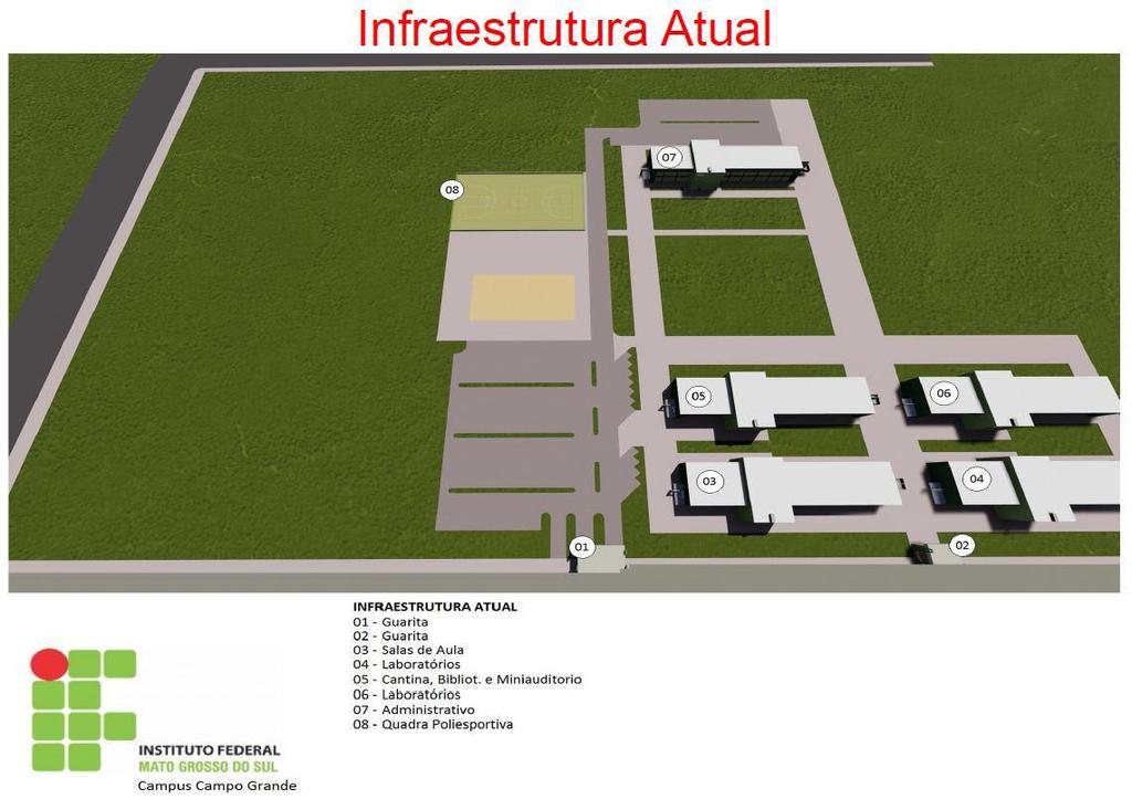 Quadro 4 Área Construída da Infraestrutura física atual do Campus Campo Grande por Edificação Á r e a c o n s t r u í d a Bloco A 1546,08 Bloco B 1546,08 Bloco C 1546,08 Bloco D 1546,08 Bloco E