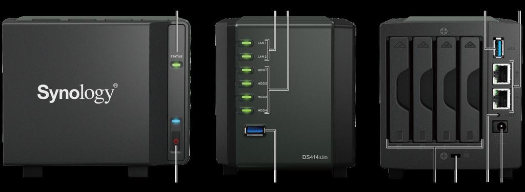 Visão Geral da Synology DiskStation N.º Nome Localização Descrição 1) LED de estado 2) Botão de Energia 3) Indicadores LAN 4) Indicadores HDD 5) Portas USB 3.