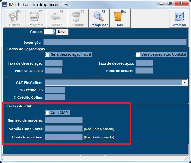 Figura 4: Dados de CIAP Gera CIAP: Essa opção deve ser marcada se os bens que farão parte do grupo tiverem direito a Crédito de ICMS do Ativo Permanente.