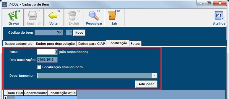 Figura 9: Informações de Localização do Bem Ainda é possível inserir fotos do bem para identificação e consulta de informações. Figura 10: Cadastro de Fotos para o Bem Data: Data de inserção da foto.