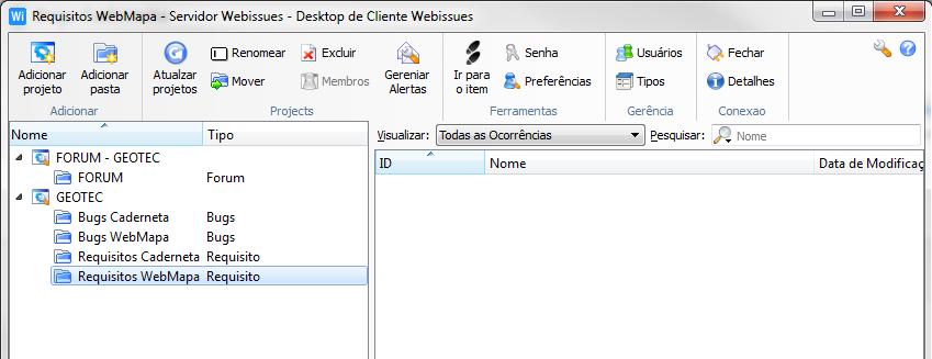 2.2 Como relatar um novo requisito Para se adicionar um novo requisito, é necessário primeiramente escolher qual dos aplicativos ele será adicionado, a Caderneta Geológica Digital ou o WebMapa GEOTEC.