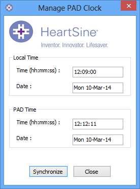 Janela Verificar/Ajustar hora do PAD do Clique no botão Synchronise (Sincronizar) para ajustar a hora do