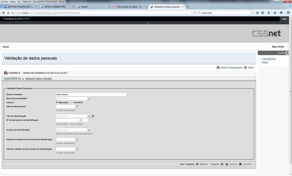 Etapa: Validação de dados Pessoais O candidato tem