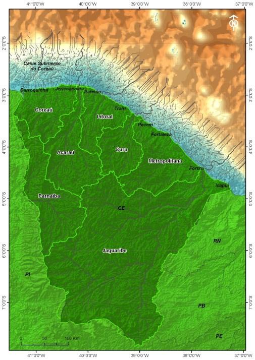 32 Segundo dados da Secretaria de Recursos Hídricos do Estado do Ceará SRHO (Atlas Eletrônico) o território cearense é dividido em onze bacias hidrográficas (Figura 1), sendo que seis delas,