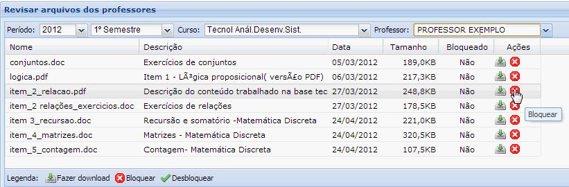 Revisar arquivos dos professores Em Ações, é possível fazer download e bloquear os arquivos que os professores