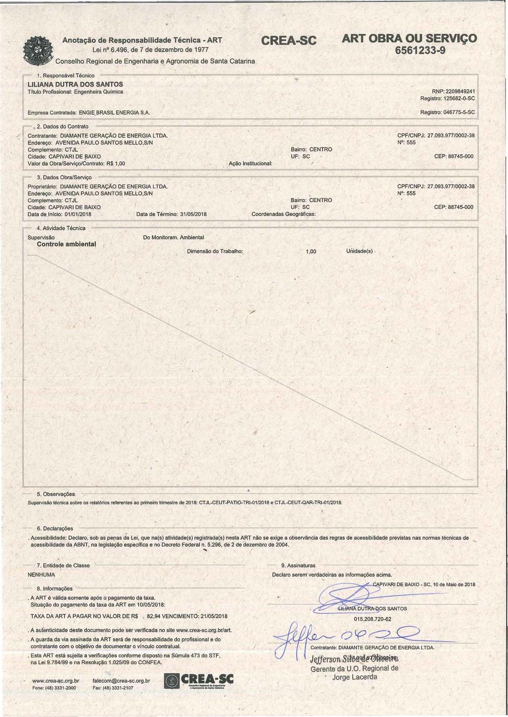 - Anotação de Responsabilidade Técnica - ART. Lei n 6.496, de 7 de dezembro de 1977 Conselho Regional de Engenharia e Agronomia de Santa Catarina 1.