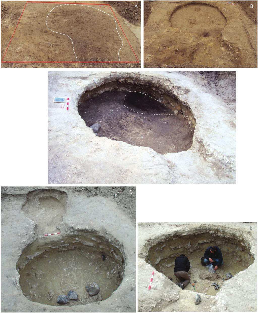 Figura 3 Evolução da escavação arqueológica da Sondagem 12: A. Topo da estrutura, aquando da sua identificação; B. Topo da [30039], já com as interfaces da estrutura definidas; C.