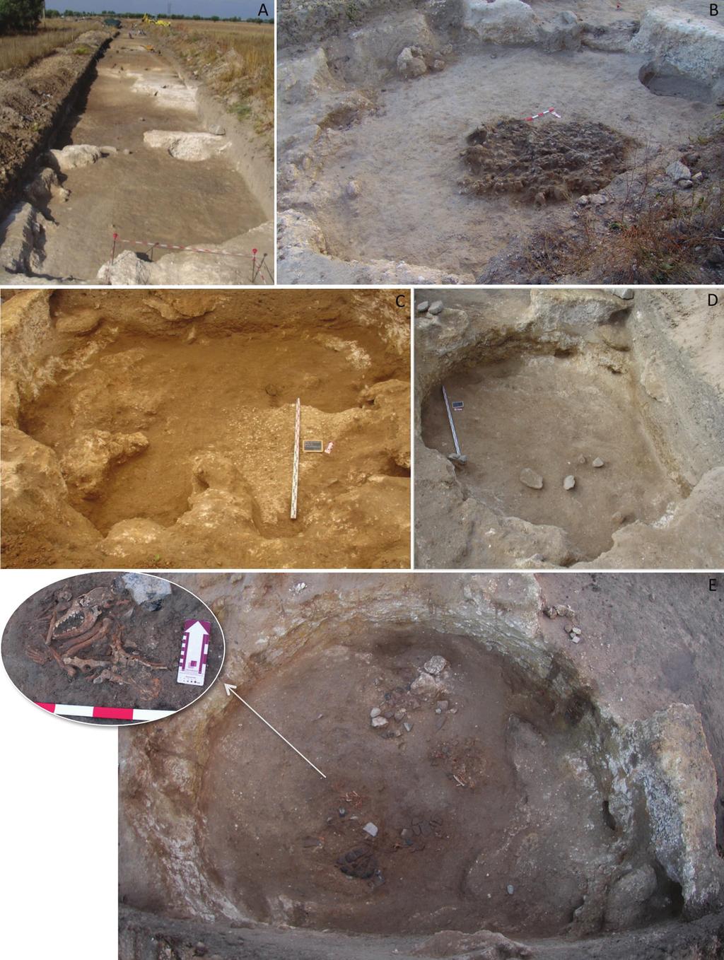 Figura 5 Evolução da escavação da EN LI: A. Escavação do Horizonte de Solo que ocupa toda a Área 3; B. Topo da estrutura de combustão campaniforme; C.