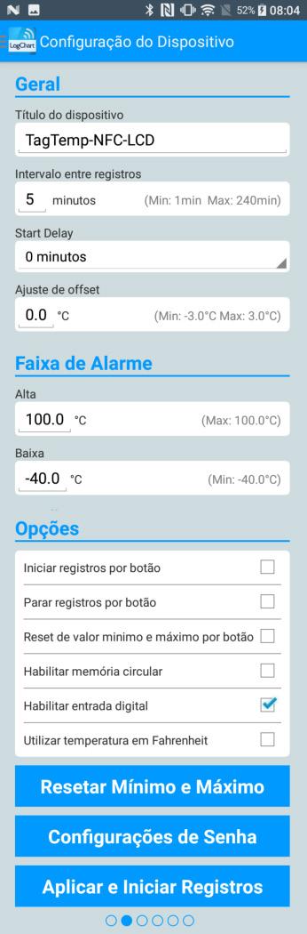 Baixa: Bateria está descarregada, sendo assim não poderá receber uma nova configuração e não registrará a temperatura. Informações do dispositivo: Indica informações específicas do TagTemp-NFC-LCD.