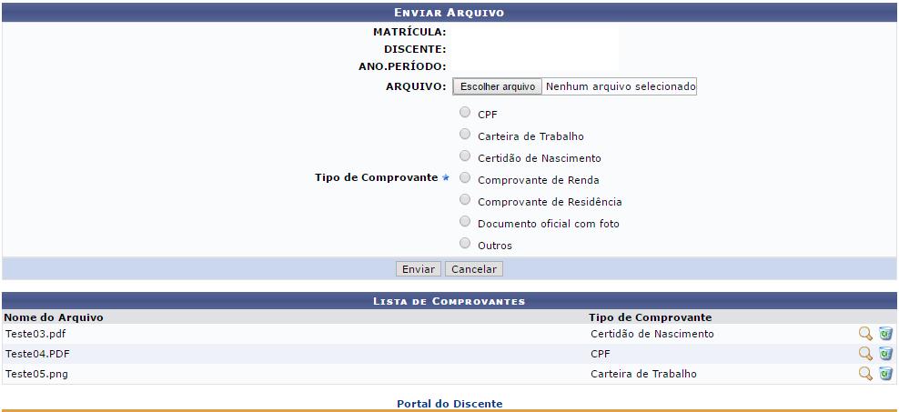 (Figura 13). Selecione o tipo de comprovante que está sendo anexado e clique em Enviar. Os formatos de arquivo válidos para envio são: pdf, png e jpg.