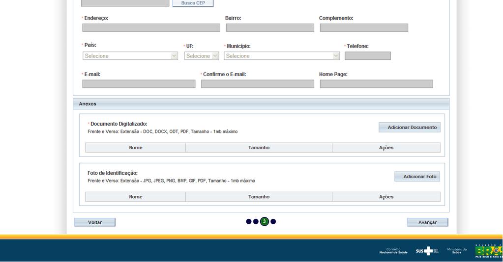 O sistema carregará automaticamente o endereço, corrija apenas o número, e informe o complemento (se for o caso). Informar um e-mail pessoal.