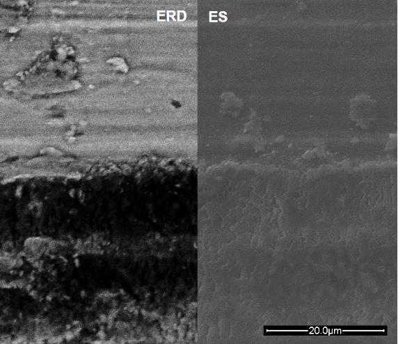 Ti Compósito 1 N 1 Hz 30 min Produtos oxidados compactados Partícula fragmentada Partícula fragmentada 2 N 2 Hz 60 min Produto de desgaste Figura 37 - Imagens de MEV com maior ampliação das pistas de