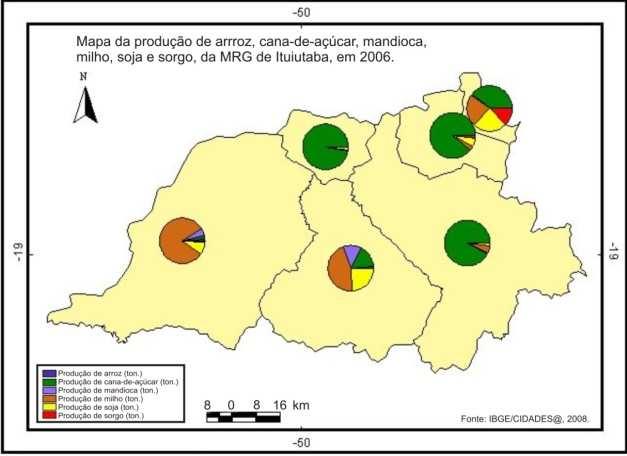 Mapa 1: Microrregião de Ituiutaba MG: principais culturas produzidas 2006. Como se pode analisar, a produção de cana-de-açúcar detém o maior expoente produtivo, acompanhado pelo milho e a soja.