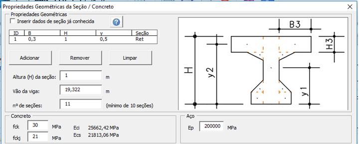 Inicialmente, o usuário deve definir a geometria da seção tranversal, que pode ser T ou retangular, o vão da viga e o número de seções de análise.