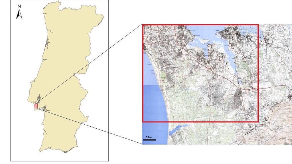 2. ÁREA DE ESTUDO 2.1 Enquadramento Geográfico A área estudada e que motiva a proposta metodológica localiza-se no concelho do Seixal, distrito de Setúbal.