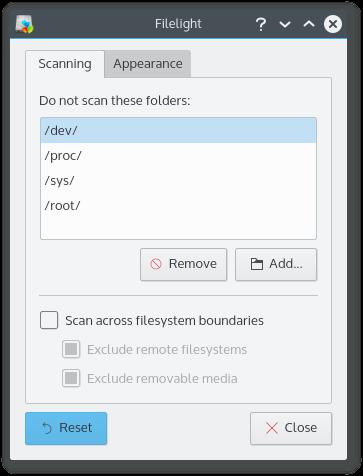 Capítulo 2 Configurar o Filelight A janela de configuração do Filelight tem duas páginas para configurar as opções do Filelight. As duas páginas são a Analisar e a Aparência.