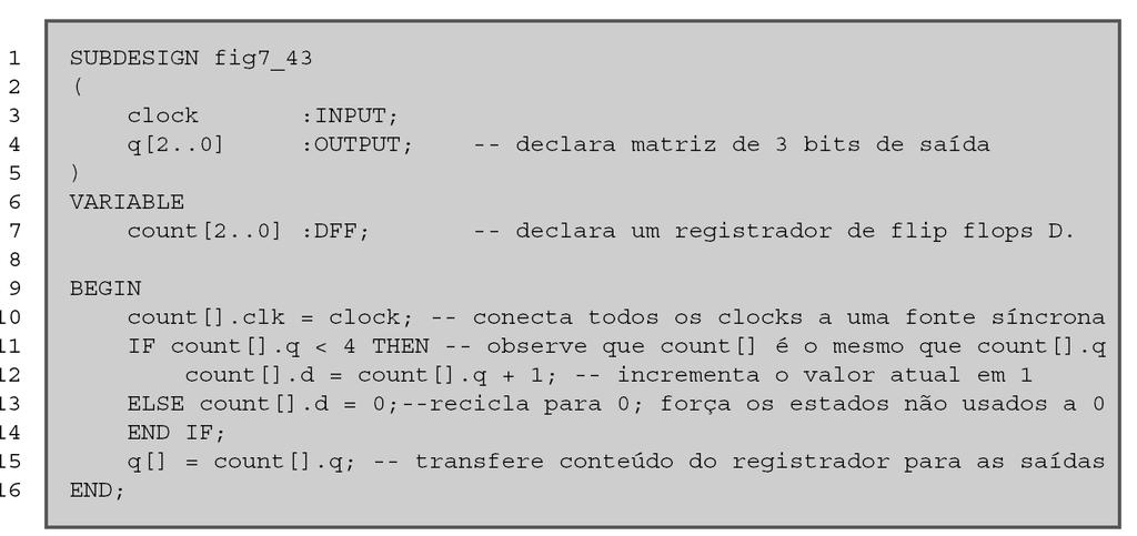 Descrições de Estado em AHDL 7-12 Contadores básicos usando HDL Quando o contador atinge o estado desejado mais alto (Ou superior), a