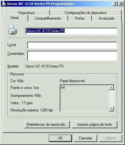 Conexão local Uma janela de propriedades é exibida.