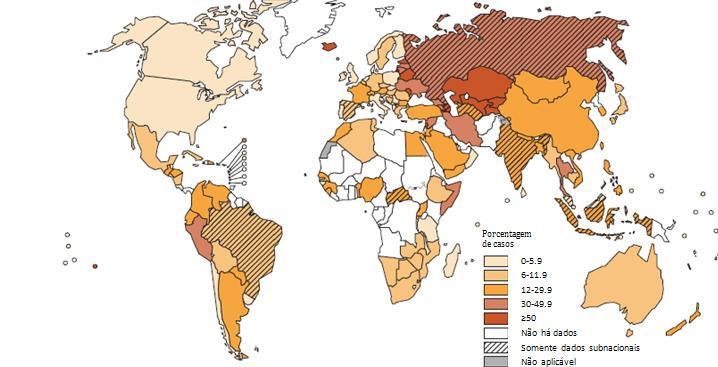 128 Figura 1. Proporção mundial de novos casos de tuberculose multirresistente. Fonte: WHO (2013). Figura 2. Porcentagem de casos de tuberculose multirresistente anteriormente tratados.