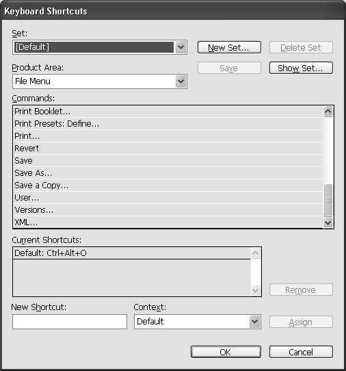 O editor de atalhos contém todos os comandos que aceitam atalhos, mas que não foram definidos no conjunto