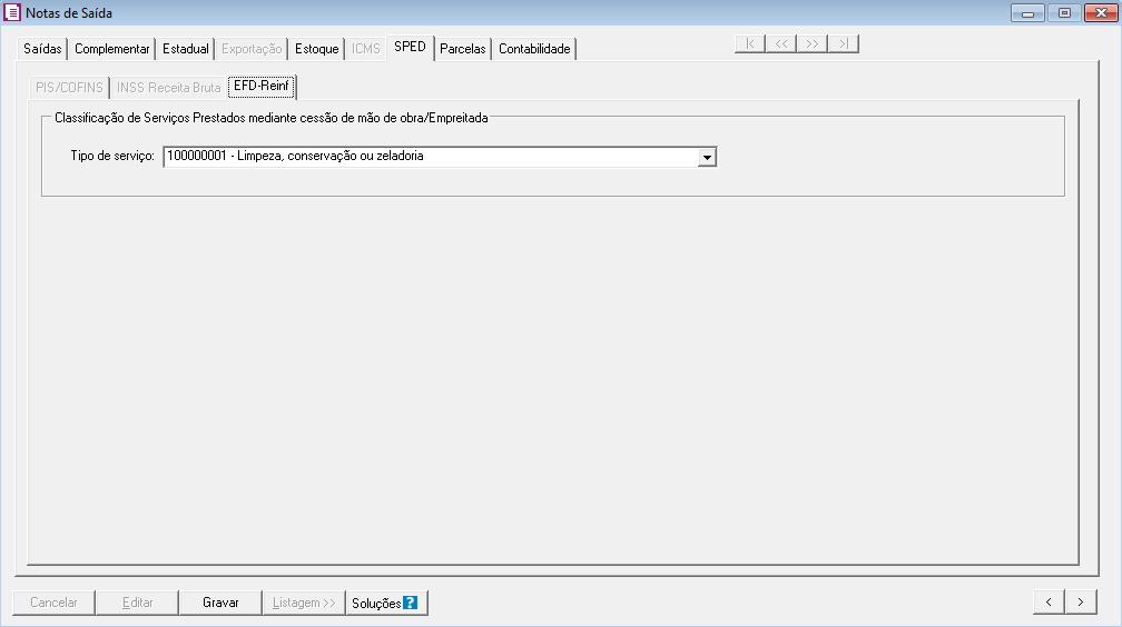 Lançamentos 13 Na guia SPED, subguia EFD-Reinf, no campo Tipo de serviço, selecione o tipo de serviço que será prestado; Obs: A guia EFD Reinf, somente ficará habilitada nas seguintes situações: Data