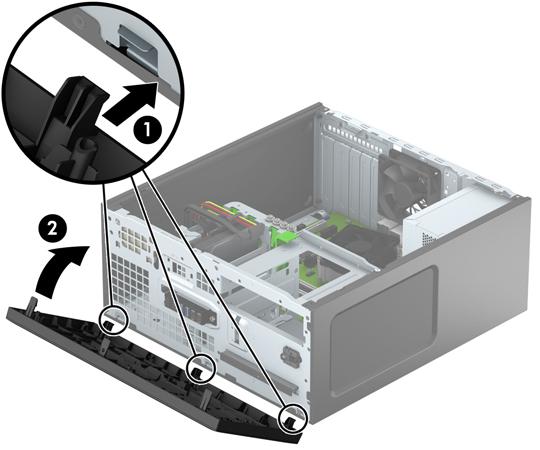 Substituir o painel frontal Introduza os três ganchos da extremidade inferior do painel nos orifícios retangulares do chassis (1) e, em seguida, rode a parte superior