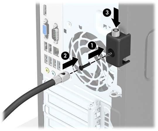 8. Aparafuse o cadeado ao chassis com o parafuso fornecido (1). Insira a extremidade da ficha do cabo de segurança no bloqueio (2) e empurre o botão para dentro (3) para ativar o cadeado.