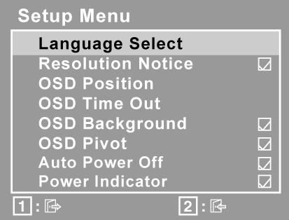 Controle Explicação Setup Menu (Menu de Configuração) exibe o seguinte menu: Language Select (Idioma) permite que você escolha o idioma utilizado nos menus e nas telas de controle.